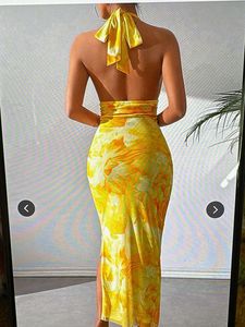 Vibrant Yellow Floral Halter Midi Dress
