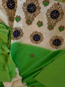 Green &amp; White Embroidered Kurta Set dress material