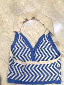 Blue &amp; White Zigzag Knit Halter Top