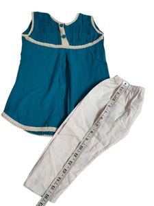 kid's Adorable Teal Blue Top &amp; White Pants Set