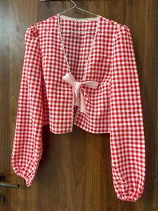 savana Red Gingham Puff Sleeve Top with Bow