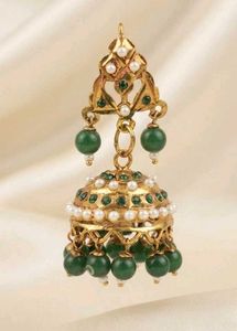 Elegant Gold Jhumka Earrings with Green Beads