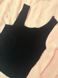 Ribbed Black Tank Top with Buckle Detail