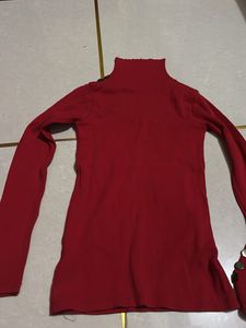 Red Turtleneck Top with Button Detail