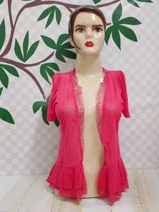 (600)Pink Ruffle Hem Cardigan