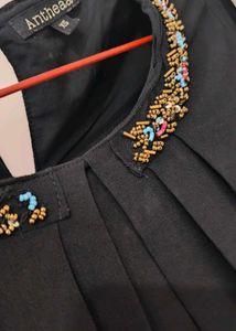 Antheaa Black Pleated Top with Beaded Neck - Size