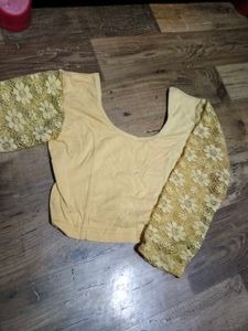 Yellow Crop Top with Gold Lace Sleeves