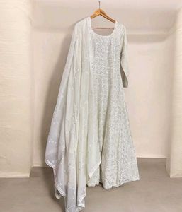 White Anarkali Gown with Dupatta