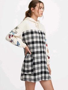 Chic Plaid Hoodie Dress with Bug Embellishments
