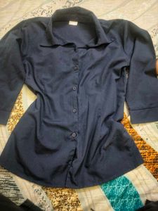 Navy Blue Collared Button-Up Top