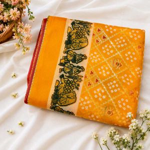 Vibrant Yellow Saree with Traditional Print