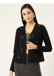 Cute Cherry Embroidered Black Cardigan