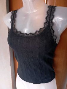 Black Ribbed Lace Trim Crop Top
