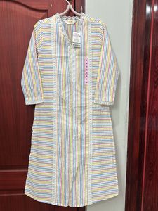 With Tag Striped Lace Trim Cotton Kurta
