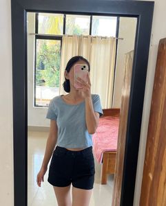 Light Blue Henley Cropped T-Shirt