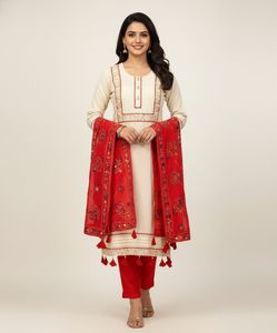 Cream Kurta with Red Pants & Dupatta