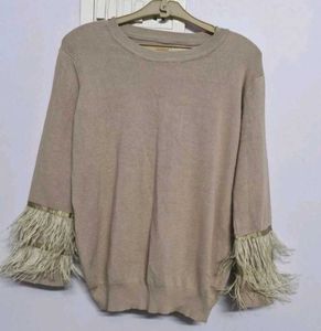 faux ostritch Feather Trim Sweater Top