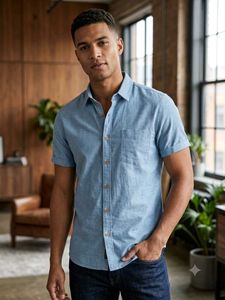 Easybuy Men's Light Blue Casual Button-Down Shirt