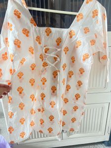 White Cotton Blouse with Orange Print