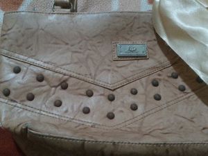 Stylish Tan Shoulder Bag with Scarf Accent