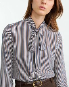 Navy Blue Striped Tie Neck Blouse