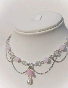 Pink Flower Beaded Choker