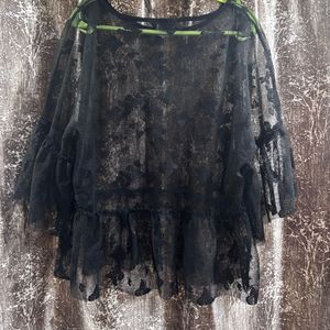 Sheer Black Lace Bell Sleeve Top