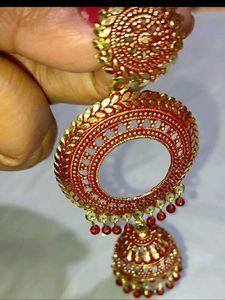 Red &amp; Golden Jhumki 2 Earing Studs