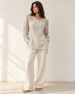 beige long sleeve embroidery top