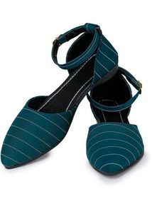 Stylish Teal Striped Flats with Ankle Strap