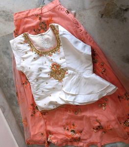 Exquisite Embellished White & Peach Skirt Set