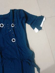 Blue And White Kurti Cheed Moti Work