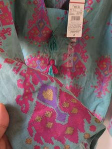 Teal Floral Print Tassel Kurta