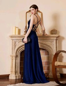 Urbanic Blue Shimmer Party Gown With Front Slit