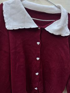 Maroon Knit Cardigan with Heart Buttons