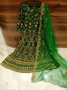 Elegant Green Embroidered anarkali 3pc set