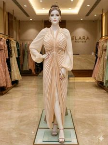 Elegant Pleated Maxi Dress with Sheer Sleeves