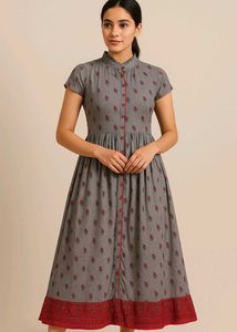 Elegant Grey & Red Floral Print Midi Dress