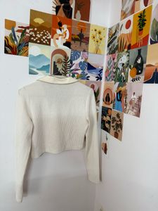 Cream Ribbed Collared Cropped Top