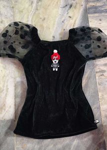 Black Velvet Top with Puff Sleeves