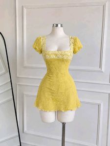 Yellow Lace Mini Dress with Square Neck