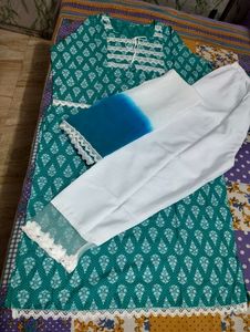 Teal &amp; White. Kurta Set With Dupatta
