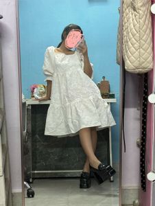 Chic White Puff Sleeve Tiered Dress
