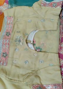Teal &amp; Beige Embroidered Saree