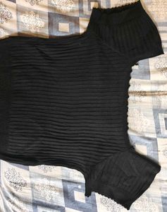Ribbed Black Button-Up Top