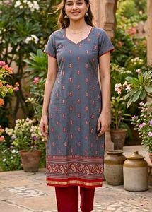 Elegant Grey Kurta with Red Paisley Border