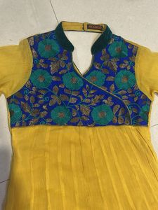 Yellow Anarkali Kurta with Blue Embroidery