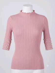 Pink Ribbed Knit Top with Pearl Details