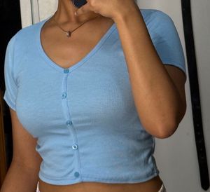 Baby Blue Ribbed Button-Up Crop Top