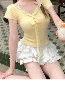Cute Yellow Lace Trim Crop Top